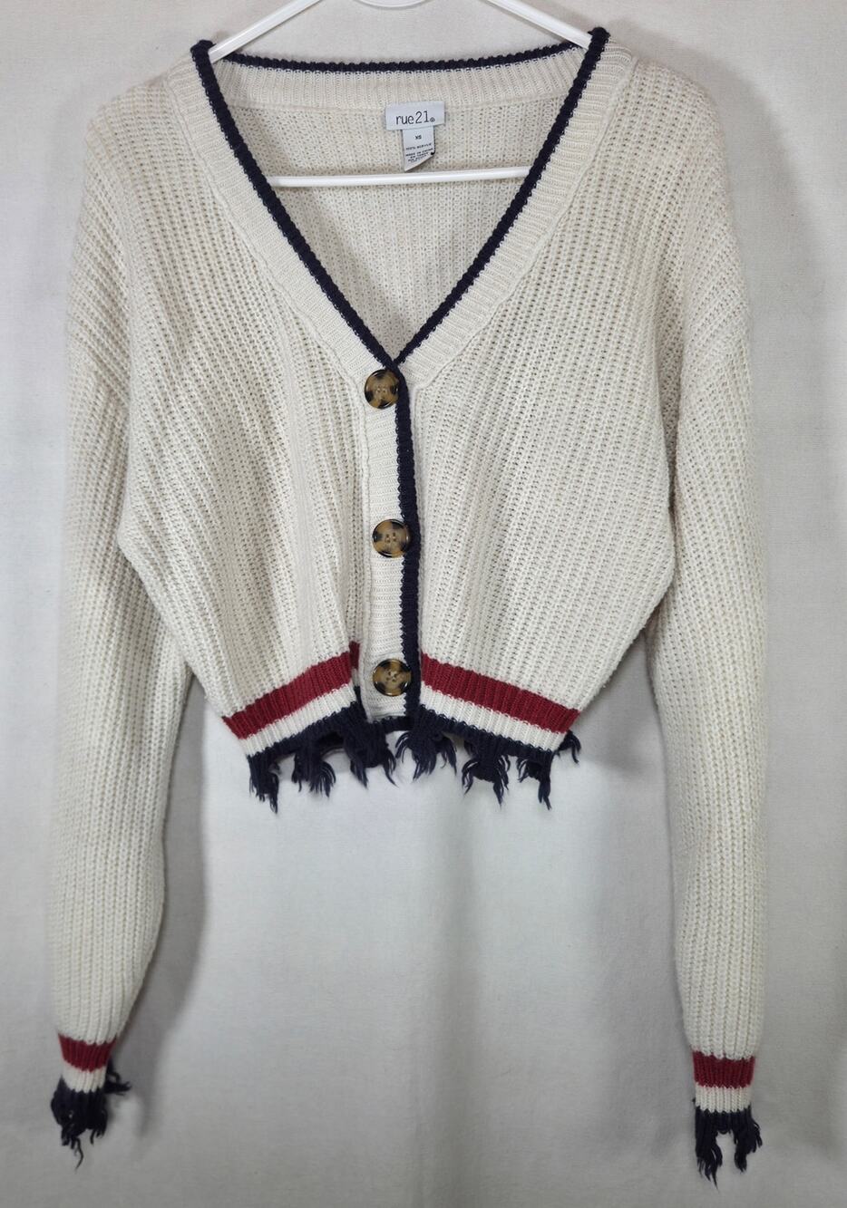 rue21 Preppy Cropped Knit Cardigan with Distressed Fringe Hem